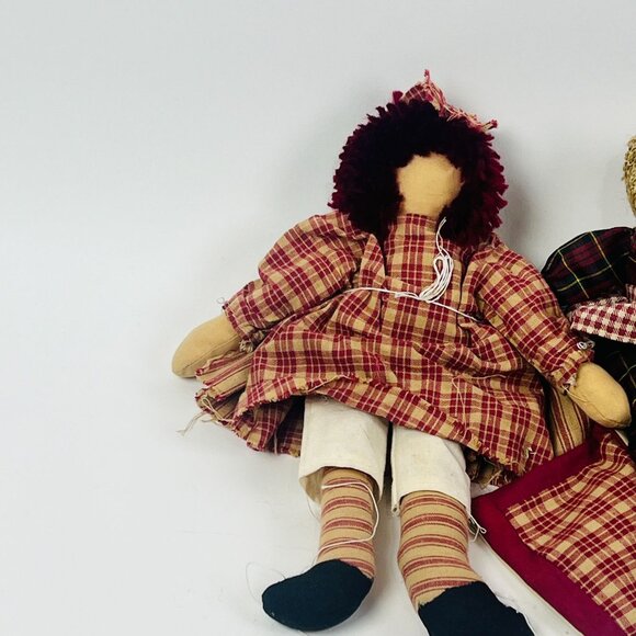 Vintage Rag Doll & Teddy Bear Collectors Set Plaid Outfits Rustic style Soft Rag - Picture 2 of 4